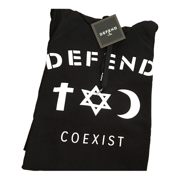 NEW NWT  DEFEND Co-Exist Cut-Off Black Hoodie Small - Picture 4 of 4